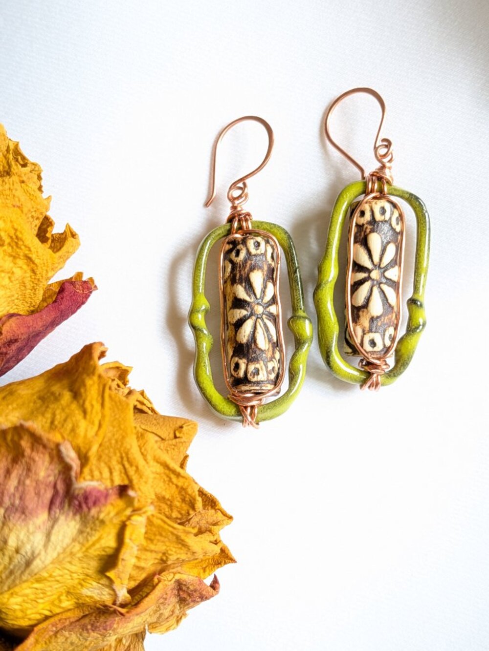 Earthy Woodland Floral Earrings with Enameled Copper Hoops - Picture 5 of 10